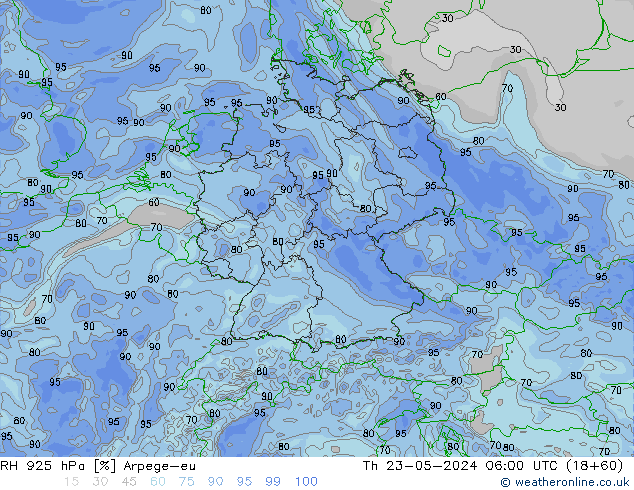 Humidité rel. 925 hPa Arpege-eu jeu 23.05.2024 06 UTC