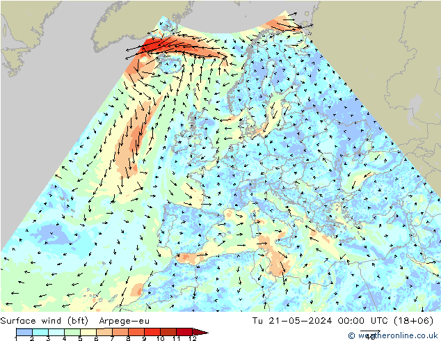wiatr 10 m (bft) Arpege-eu wto. 21.05.2024 00 UTC