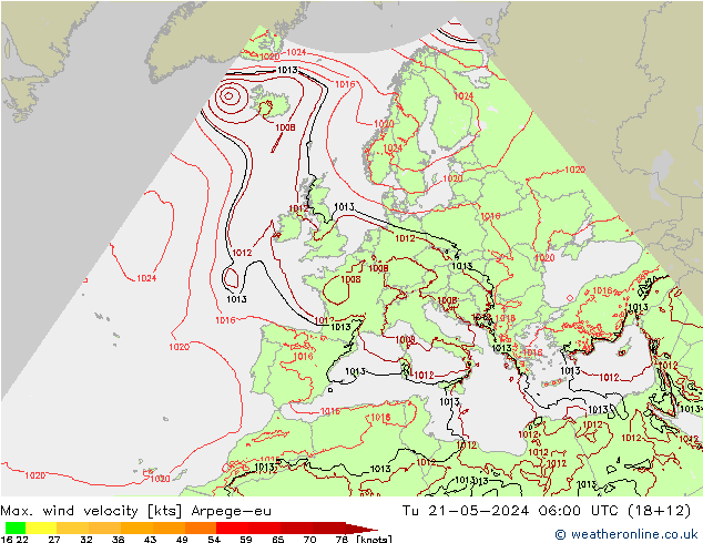 Max. wind velocity Arpege-eu Tu 21.05.2024 06 UTC
