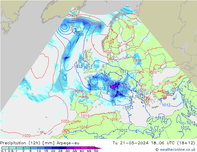 осадки (12h) Arpege-eu вт 21.05.2024 06 UTC