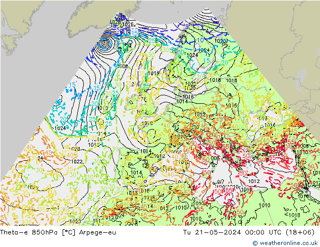 Theta-e 850hPa Arpege-eu Tu 21.05.2024 00 UTC