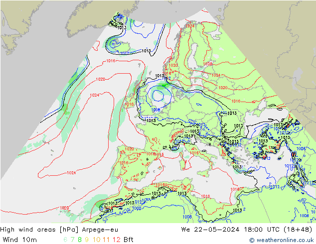 High wind areas Arpege-eu mer 22.05.2024 18 UTC