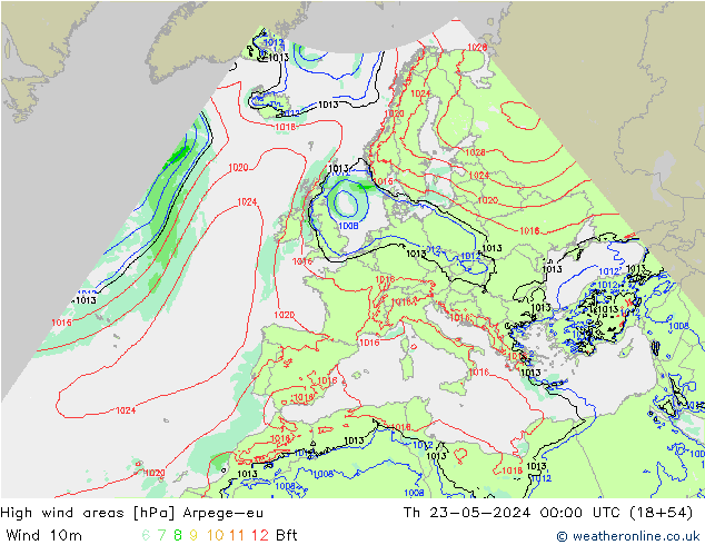 High wind areas Arpege-eu Čt 23.05.2024 00 UTC