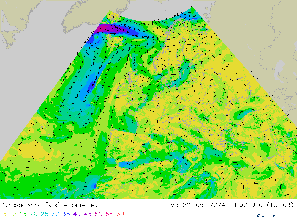 Wind 10 m Arpege-eu ma 20.05.2024 21 UTC