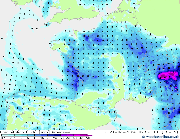 Precipitation (12h) Arpege-eu Tu 21.05.2024 06 UTC