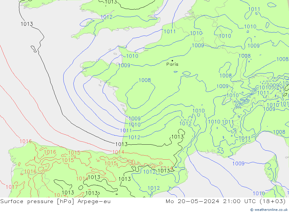 Pressione al suolo Arpege-eu lun 20.05.2024 21 UTC