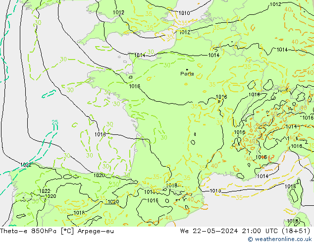 Theta-e 850hPa Arpege-eu  22.05.2024 21 UTC
