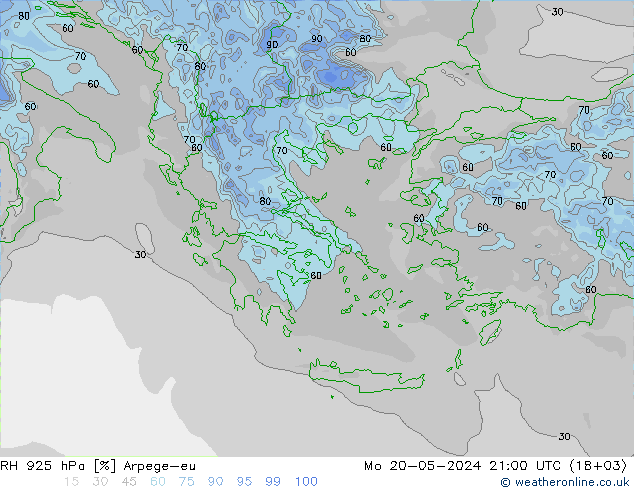Humidité rel. 925 hPa Arpege-eu lun 20.05.2024 21 UTC
