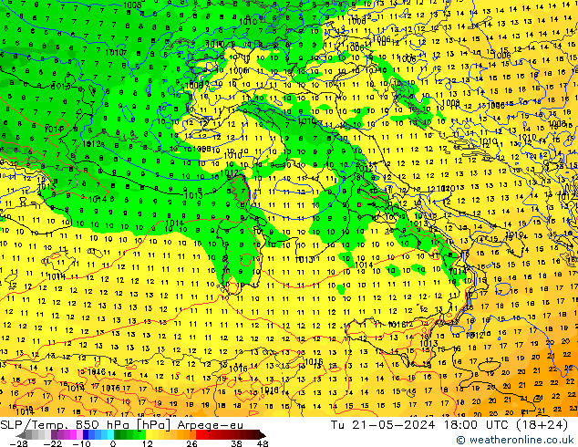 850 hPa Yer Bas./Sıc Arpege-eu Sa 21.05.2024 18 UTC