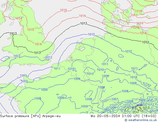 Atmosférický tlak Arpege-eu Po 20.05.2024 21 UTC