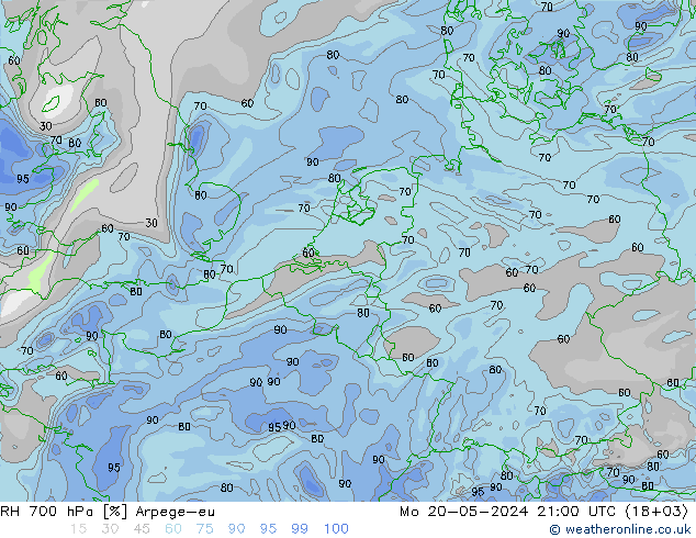 RH 700 hPa Arpege-eu Mo 20.05.2024 21 UTC