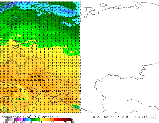 Temperatura (2m) Arpege-eu Ter 21.05.2024 21 UTC