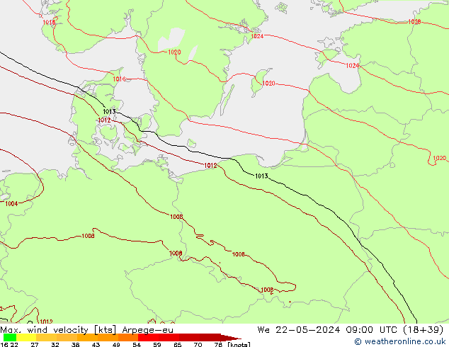 Max. wind velocity Arpege-eu ср 22.05.2024 09 UTC