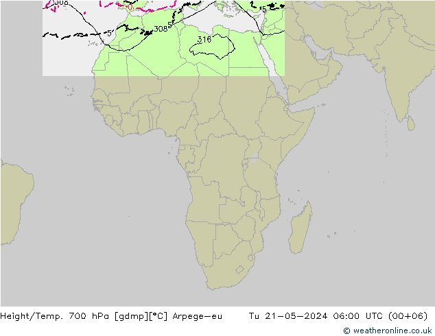 Height/Temp. 700 hPa Arpege-eu Tu 21.05.2024 06 UTC