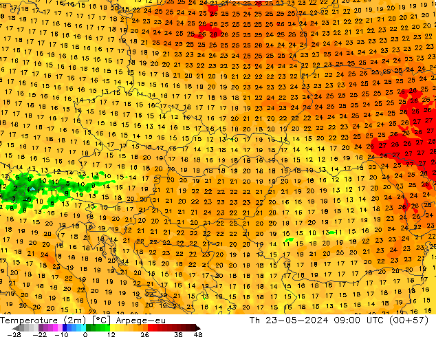 Temperatuurkaart (2m) Arpege-eu do 23.05.2024 09 UTC