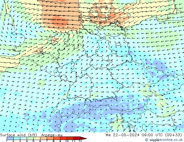 Surface wind (bft) Arpege-eu We 22.05.2024 09 UTC
