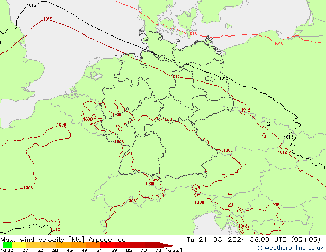 Max. wind velocity Arpege-eu 星期二 21.05.2024 06 UTC