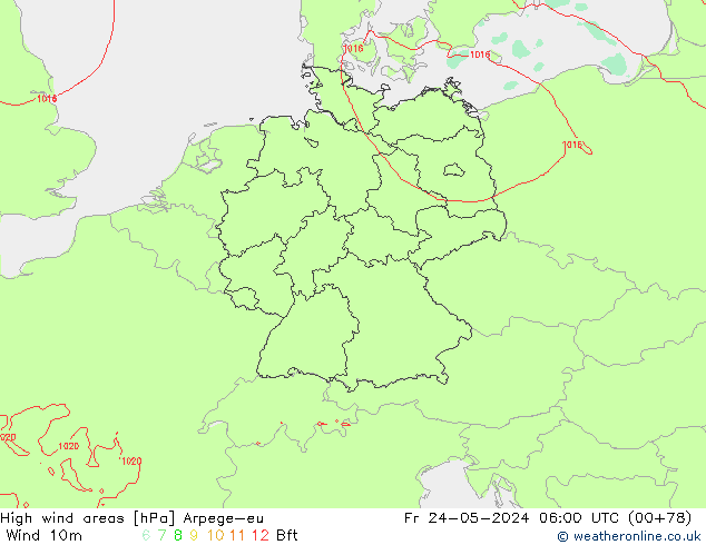 High wind areas Arpege-eu ven 24.05.2024 06 UTC