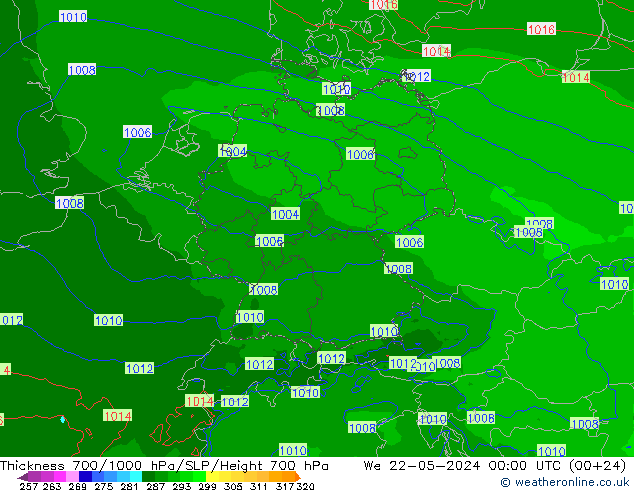 Thck 700-1000 hPa Arpege-eu śro. 22.05.2024 00 UTC