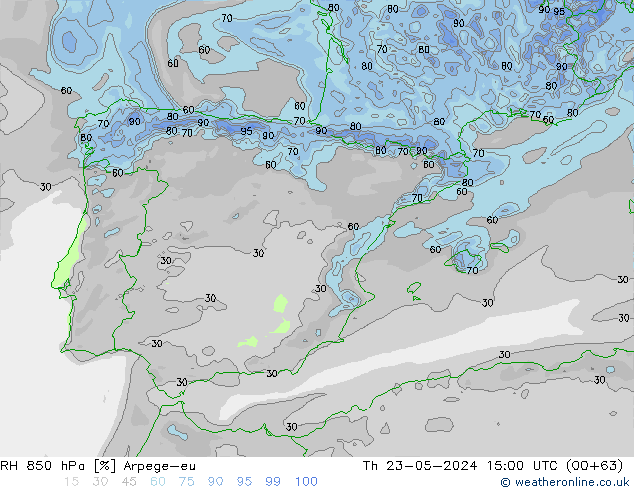 RH 850 hPa Arpege-eu Čt 23.05.2024 15 UTC