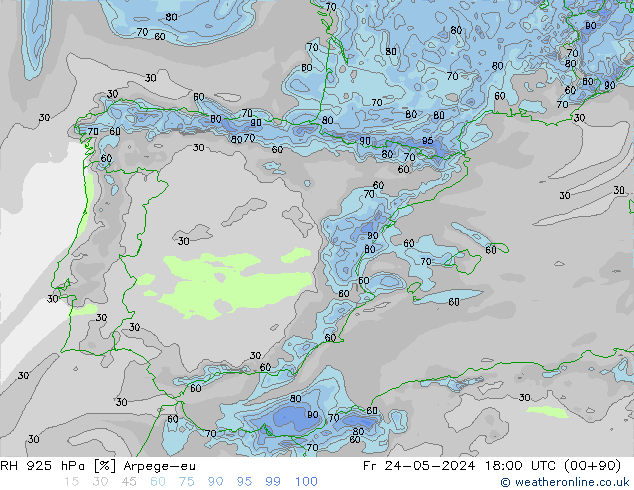 Humidité rel. 925 hPa Arpege-eu ven 24.05.2024 18 UTC