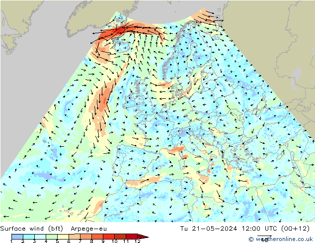 wiatr 10 m (bft) Arpege-eu wto. 21.05.2024 12 UTC