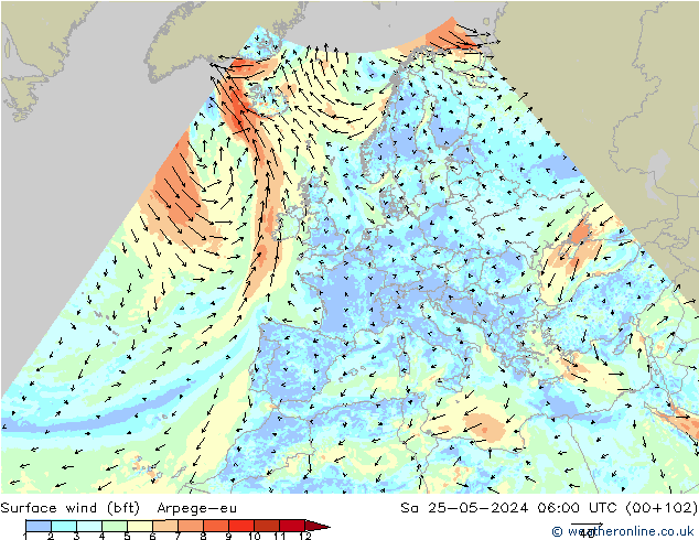 wiatr 10 m (bft) Arpege-eu so. 25.05.2024 06 UTC
