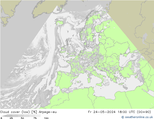 Cloud cover (low) Arpege-eu Fr 24.05.2024 18 UTC
