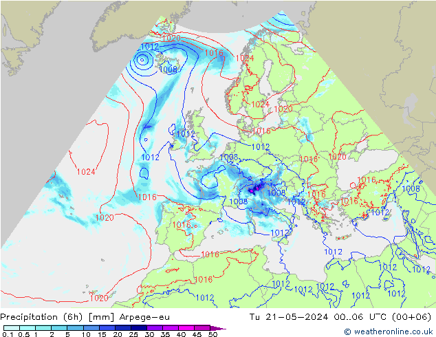 Totale neerslag (6h) Arpege-eu di 21.05.2024 06 UTC