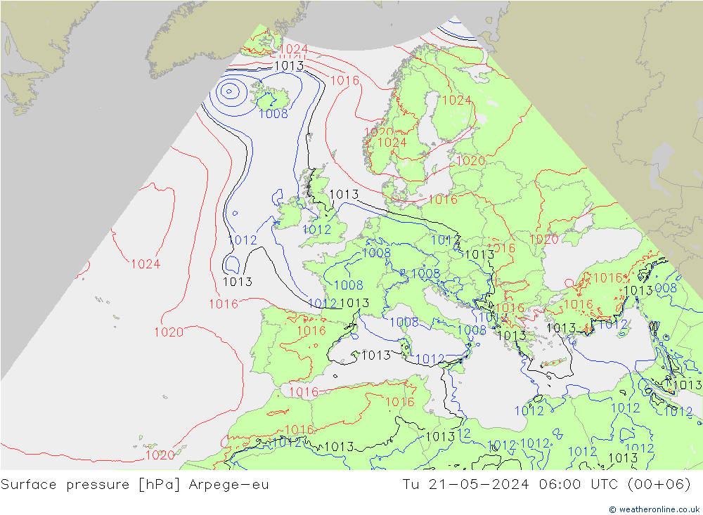 地面气压 Arpege-eu 星期二 21.05.2024 06 UTC