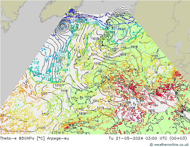 Theta-e 850hPa Arpege-eu Di 21.05.2024 03 UTC