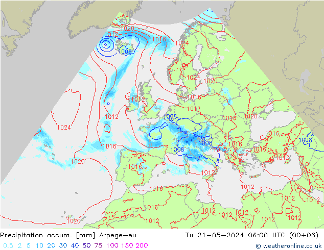 Precipitation accum. Arpege-eu 星期二 21.05.2024 06 UTC