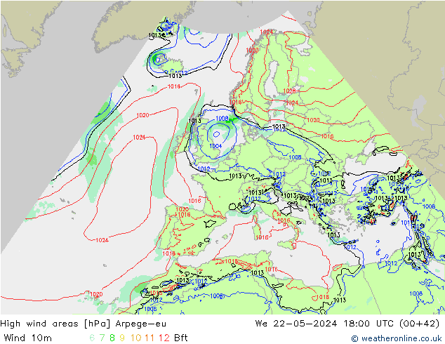 High wind areas Arpege-eu We 22.05.2024 18 UTC