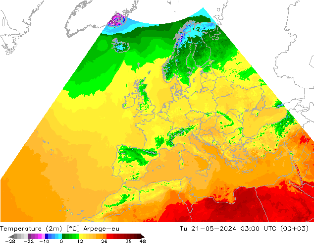 Temperaturkarte (2m) Arpege-eu Di 21.05.2024 03 UTC