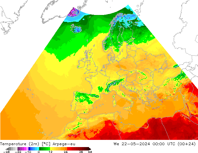 Temperatura (2m) Arpege-eu mer 22.05.2024 00 UTC