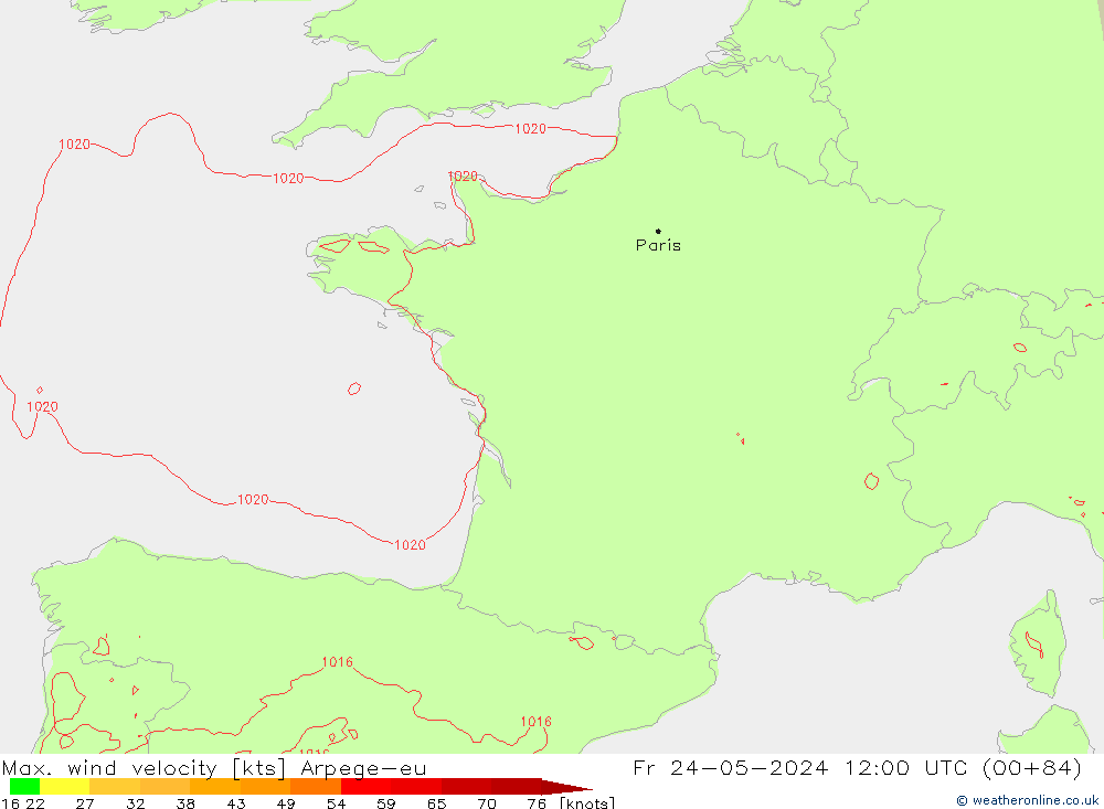 Max. wind velocity Arpege-eu Fr 24.05.2024 12 UTC