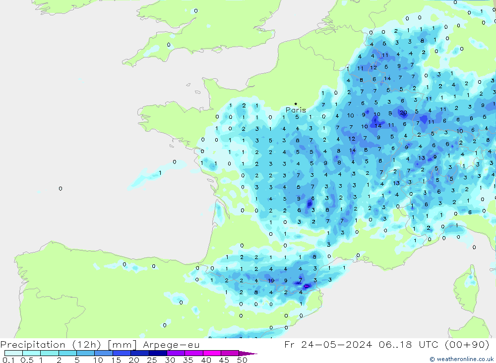 Precipitação (12h) Arpege-eu Sex 24.05.2024 18 UTC