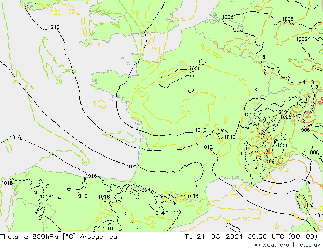 Theta-e 850hPa Arpege-eu Ter 21.05.2024 09 UTC