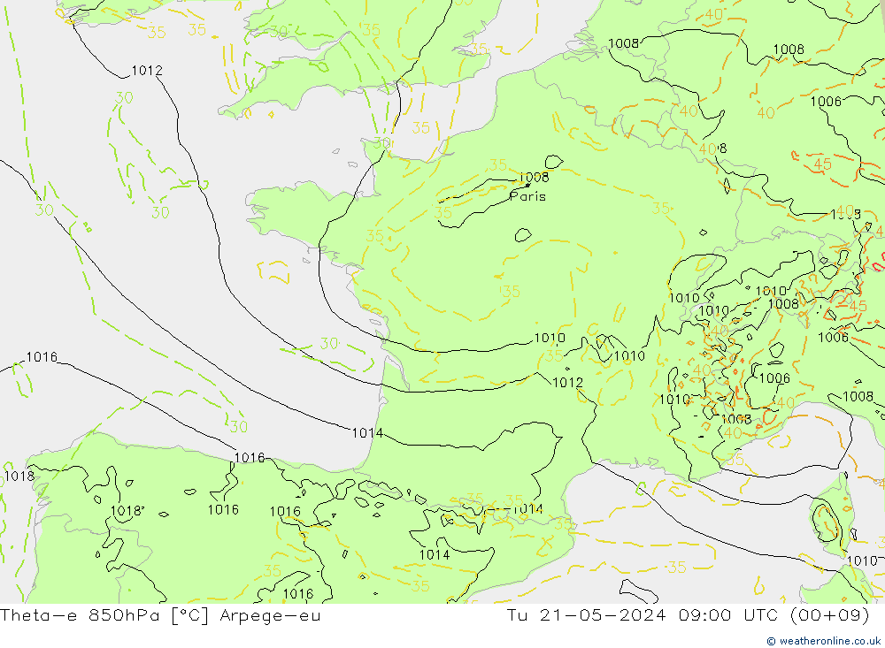 Theta-e 850hPa Arpege-eu Tu 21.05.2024 09 UTC