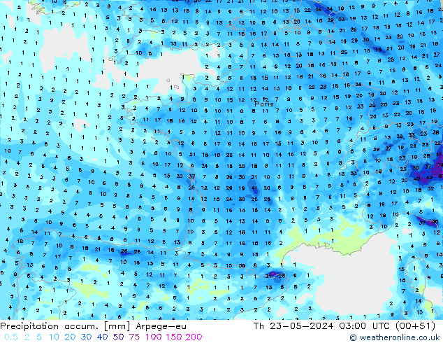 Precipitation accum. Arpege-eu Th 23.05.2024 03 UTC