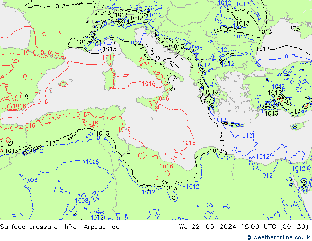 Pressione al suolo Arpege-eu mer 22.05.2024 15 UTC