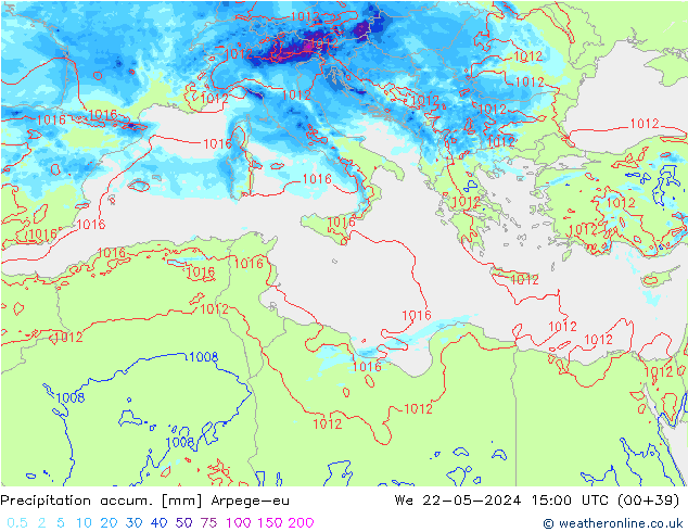 Totale neerslag Arpege-eu wo 22.05.2024 15 UTC