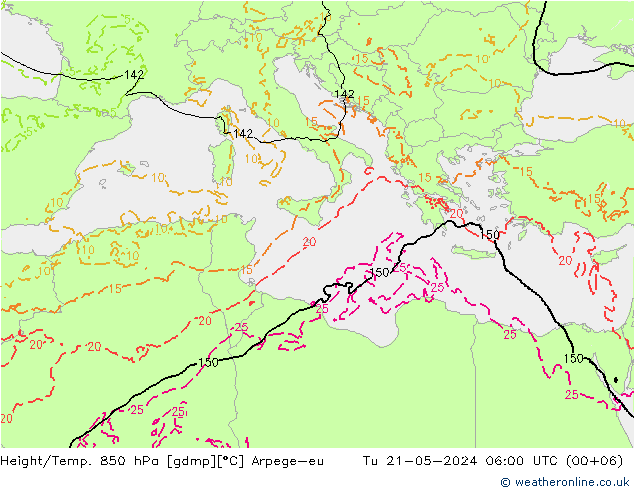 Height/Temp. 850 hPa Arpege-eu Tu 21.05.2024 06 UTC