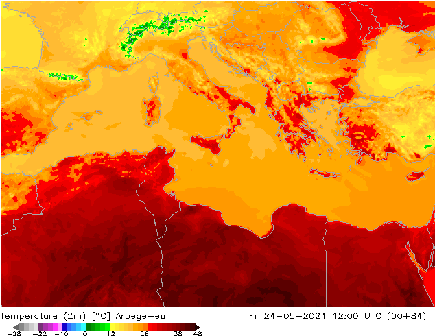 Temperatura (2m) Arpege-eu Sex 24.05.2024 12 UTC