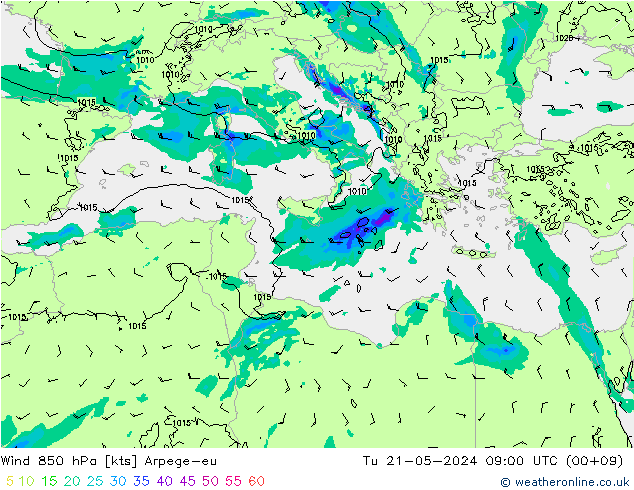 Wind 850 hPa Arpege-eu Tu 21.05.2024 09 UTC