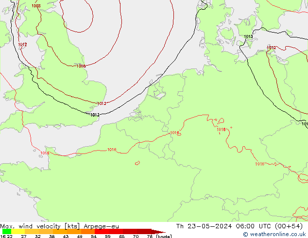 Max. wind velocity Arpege-eu Qui 23.05.2024 06 UTC