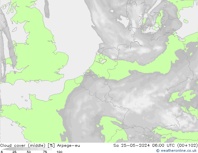 Cloud cover (middle) Arpege-eu Sa 25.05.2024 06 UTC