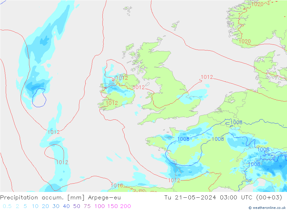 Precipitation accum. Arpege-eu Tu 21.05.2024 03 UTC