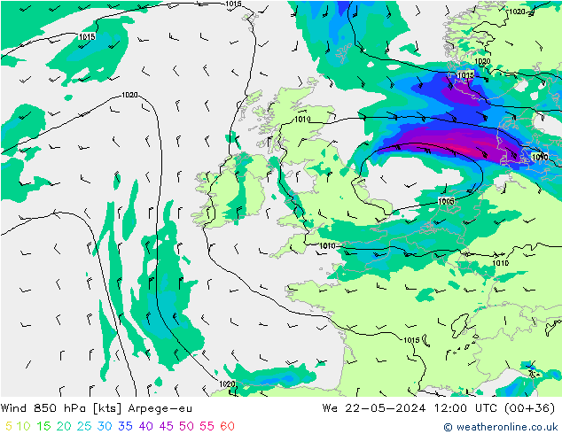 Wind 850 hPa Arpege-eu We 22.05.2024 12 UTC