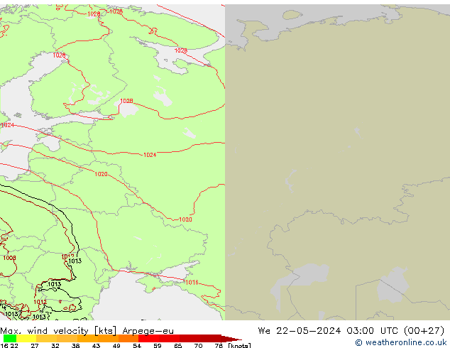 Max. wind velocity Arpege-eu ср 22.05.2024 03 UTC